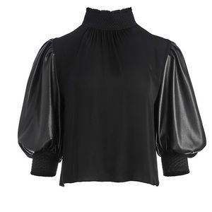 Alice & Olivia Carmina Faux Leather Puff Sleeves Top in Black Size S